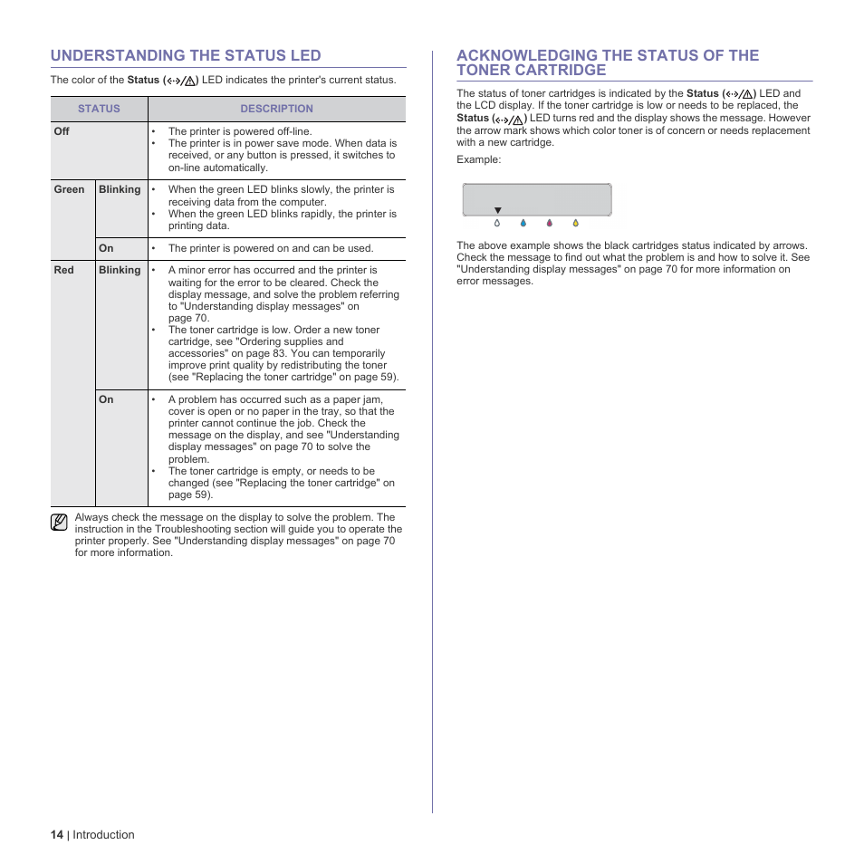 Understanding the status led, Acknowledging the status of the toner cartridge, 14 understanding the | 14 acknowledging the status of the toner cartridge | Dell 2145cn Multifunction Color Laser Printer User Manual | Page 14 / 141