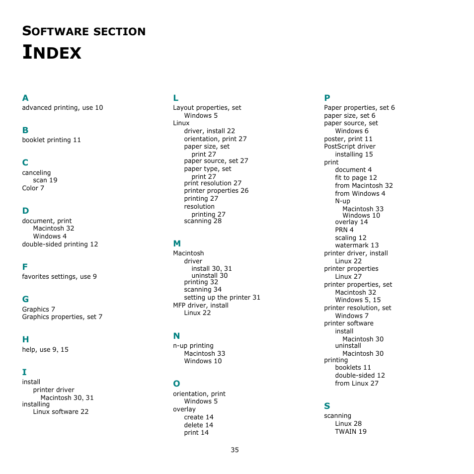 Software section index, Ndex, Oftware | Dell 2145cn Multifunction Color Laser Printer User Manual | Page 140 / 141