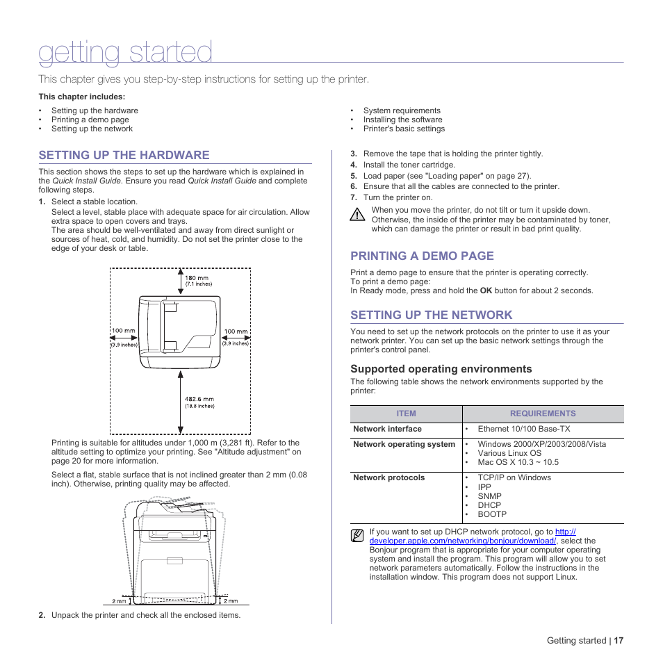 Getting started, Setting up the hardware, Setting up the network | Supported operating environments, Printing a demo page | Dell 2145cn Multifunction Color Laser Printer User Manual | Page 17 / 141