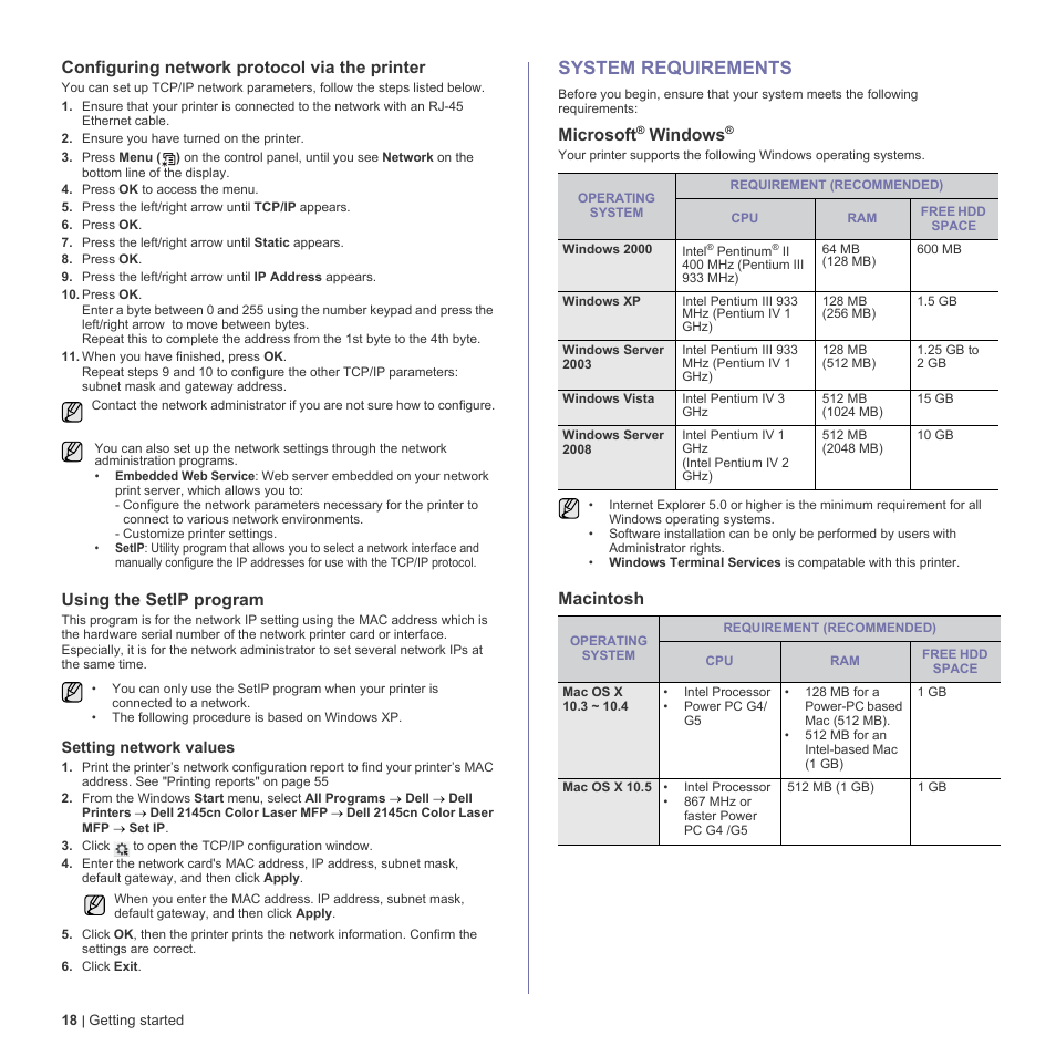 Configuring network protocol via the printer, Using the setip program, System requirements | Microsoft® windows, Macintosh, 18 system requirements, Microsoft, Windows | Dell 2145cn Multifunction Color Laser Printer User Manual | Page 18 / 141