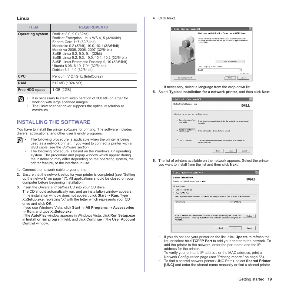 Linux, Installing the software, 19 installing the software | Dell 2145cn Multifunction Color Laser Printer User Manual | Page 19 / 141