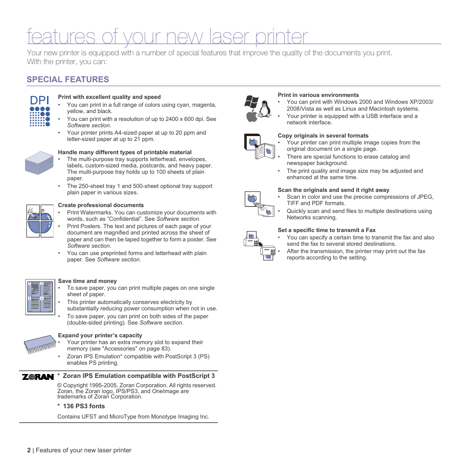 Features of your new laser printer, Special features | Dell 2145cn Multifunction Color Laser Printer User Manual | Page 2 / 141