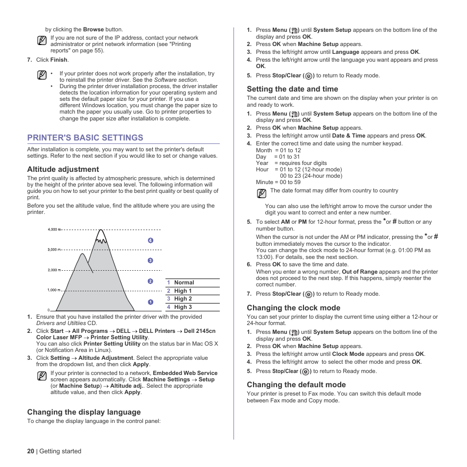 Printer's basic settings, Altitude adjustment, Changing the display language | Setting the date and time, Changing the clock mode, Changing the default mode, 20 printer's basic settings, E 