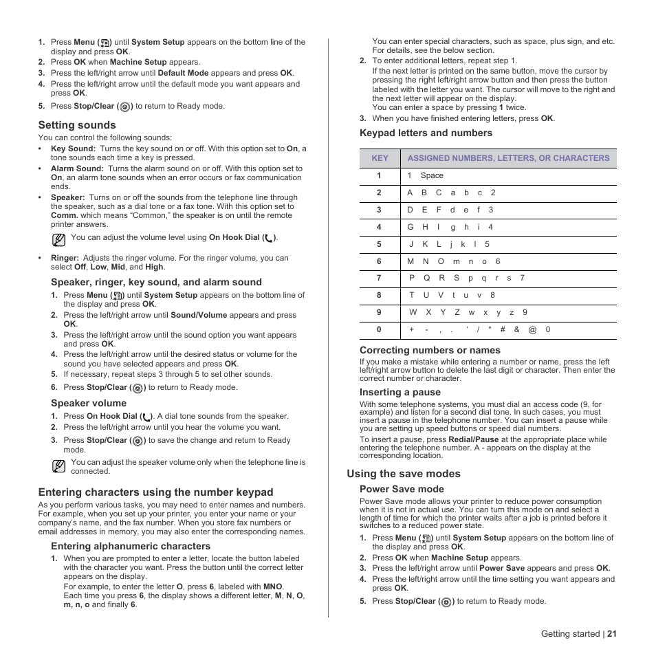 Setting sounds, Entering characters using the number keypad, Using the save modes | Printer settings, Ters. see "keypad letters and | Dell 2145cn Multifunction Color Laser Printer User Manual | Page 21 / 141