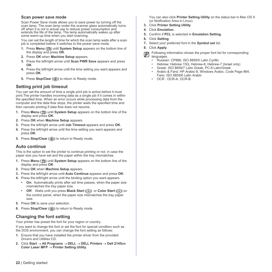 Setting print job timeout, Auto continue, Changing the font setting | Dell 2145cn Multifunction Color Laser Printer User Manual | Page 22 / 141