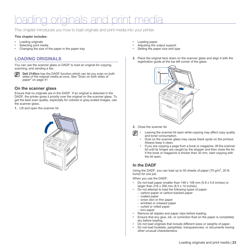 Loading originals and print media, Loading originals, On the scanner glass | In the dadf, 23 loading originals | Dell 2145cn Multifunction Color Laser Printer User Manual | Page 23 / 141