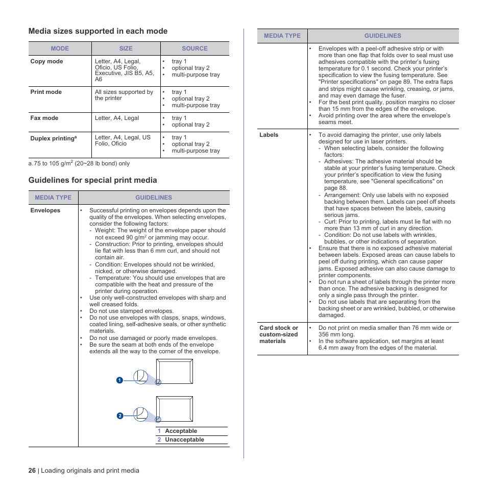 Media sizes supported in each mode, Guidelines for special print media | Dell 2145cn Multifunction Color Laser Printer User Manual | Page 26 / 141