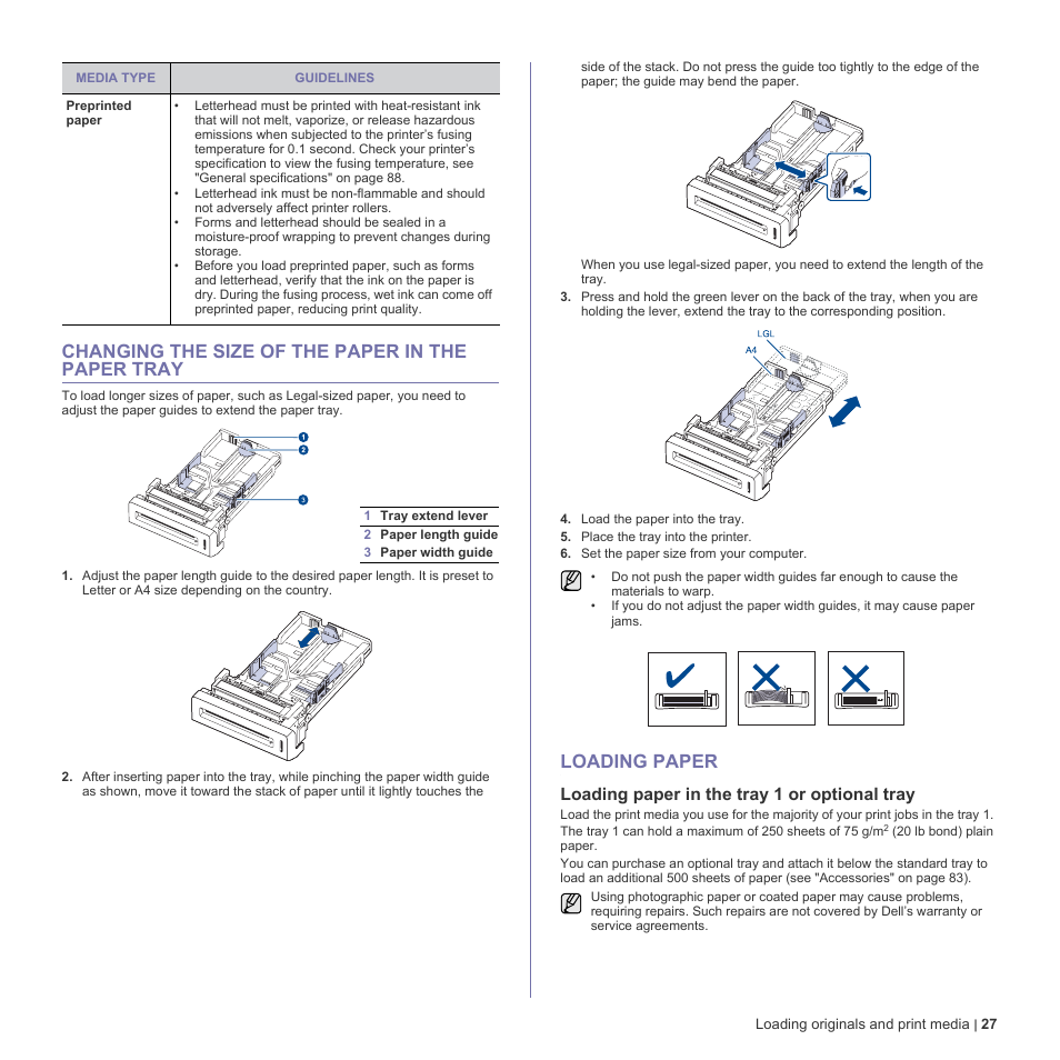 Changing the size of the paper in the paper tray, Loading paper, Loading paper in the tray 1 or optional tray | Dell 2145cn Multifunction Color Laser Printer User Manual | Page 27 / 141