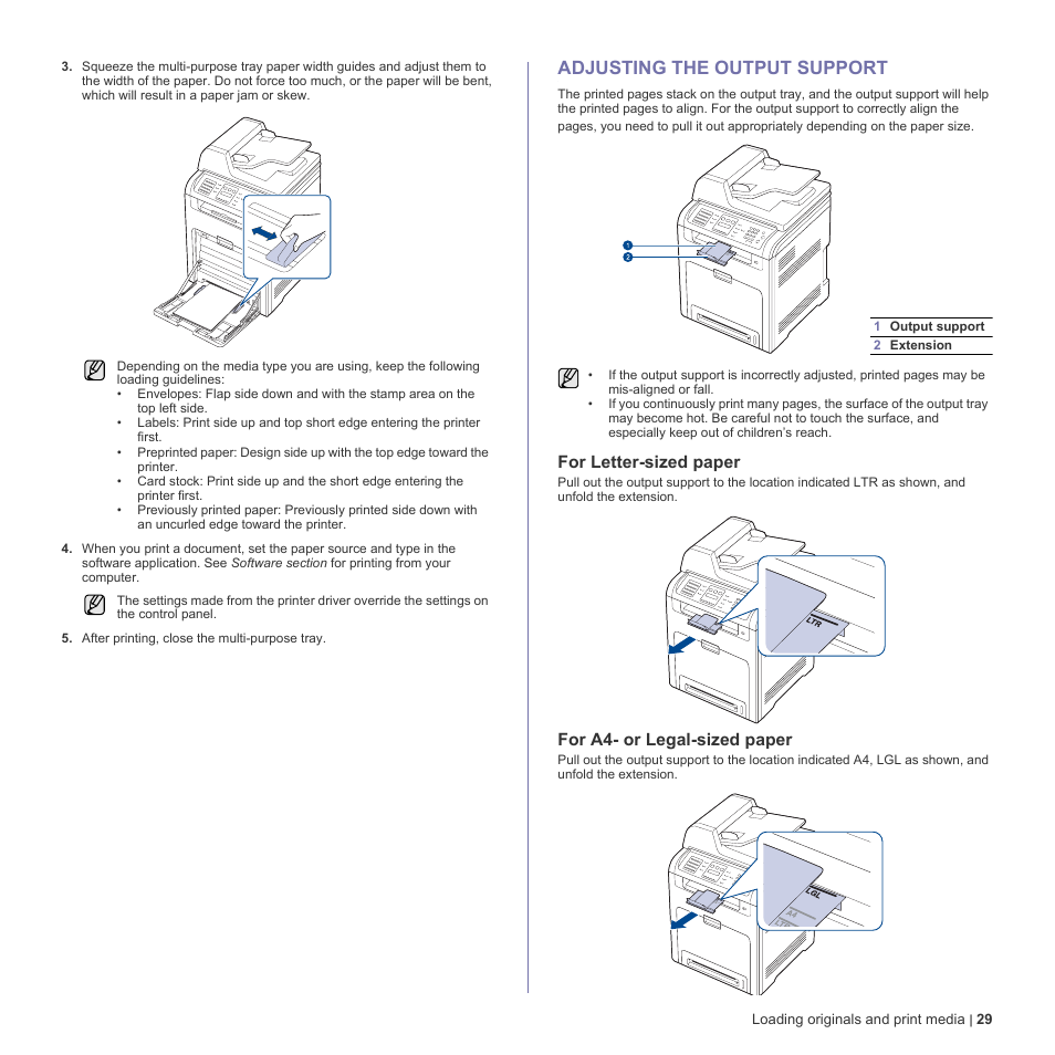 Adjusting the output support, For letter-sized paper, For a4- or legal-sized paper | 29 adjusting the output support | Dell 2145cn Multifunction Color Laser Printer User Manual | Page 29 / 141