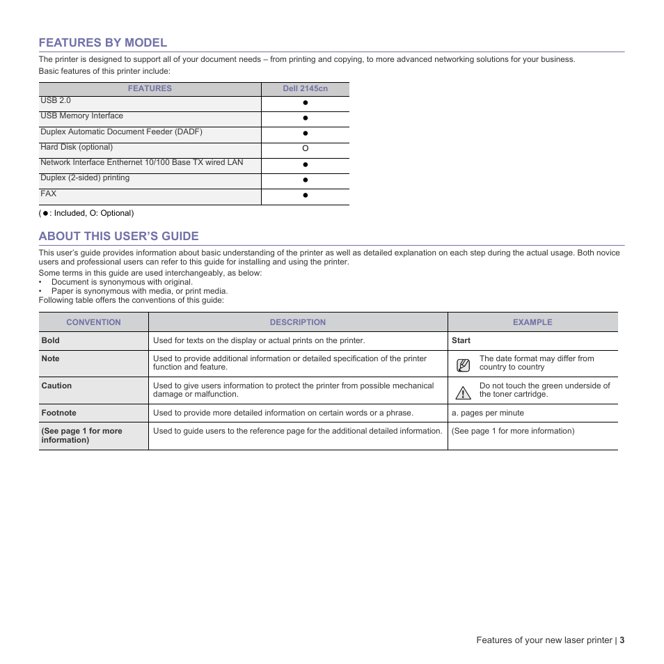 Features by model, About this user’s guide | Dell 2145cn Multifunction Color Laser Printer User Manual | Page 3 / 141