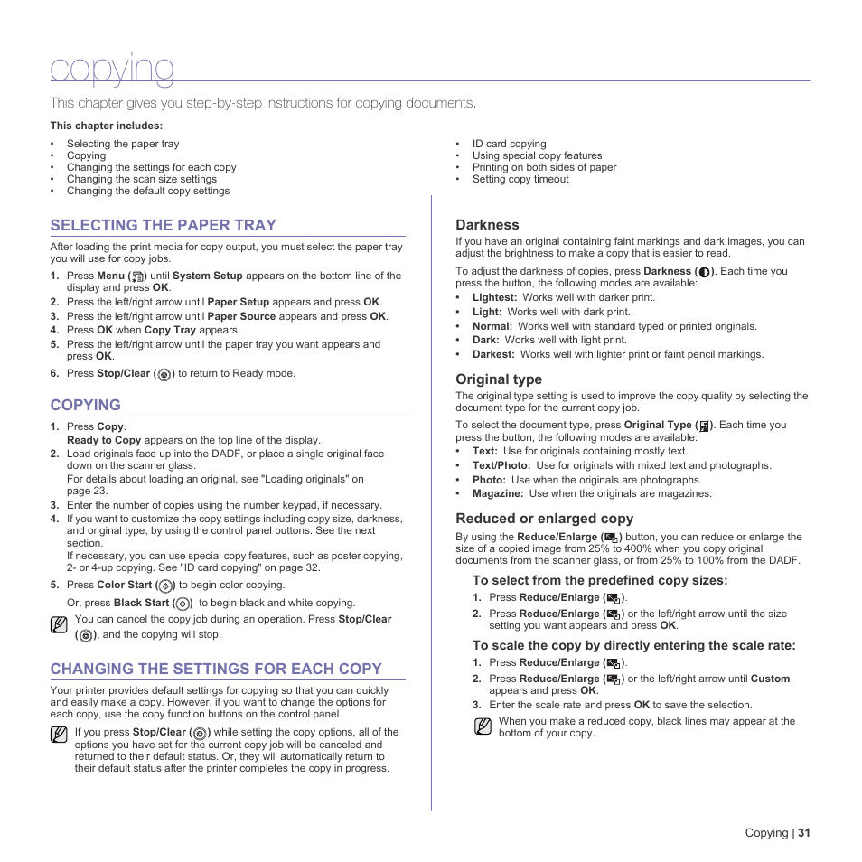 Copying, Selecting the paper tray, Changing the settings for each copy | Darkness, Original type, Reduced or enlarged copy | Dell 2145cn Multifunction Color Laser Printer User Manual | Page 31 / 141