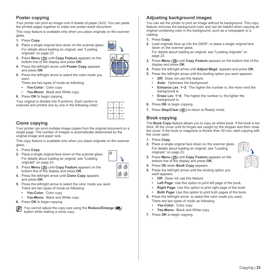 Poster copying, Clone copying, Adjusting background images | Book copying | Dell 2145cn Multifunction Color Laser Printer User Manual | Page 33 / 141