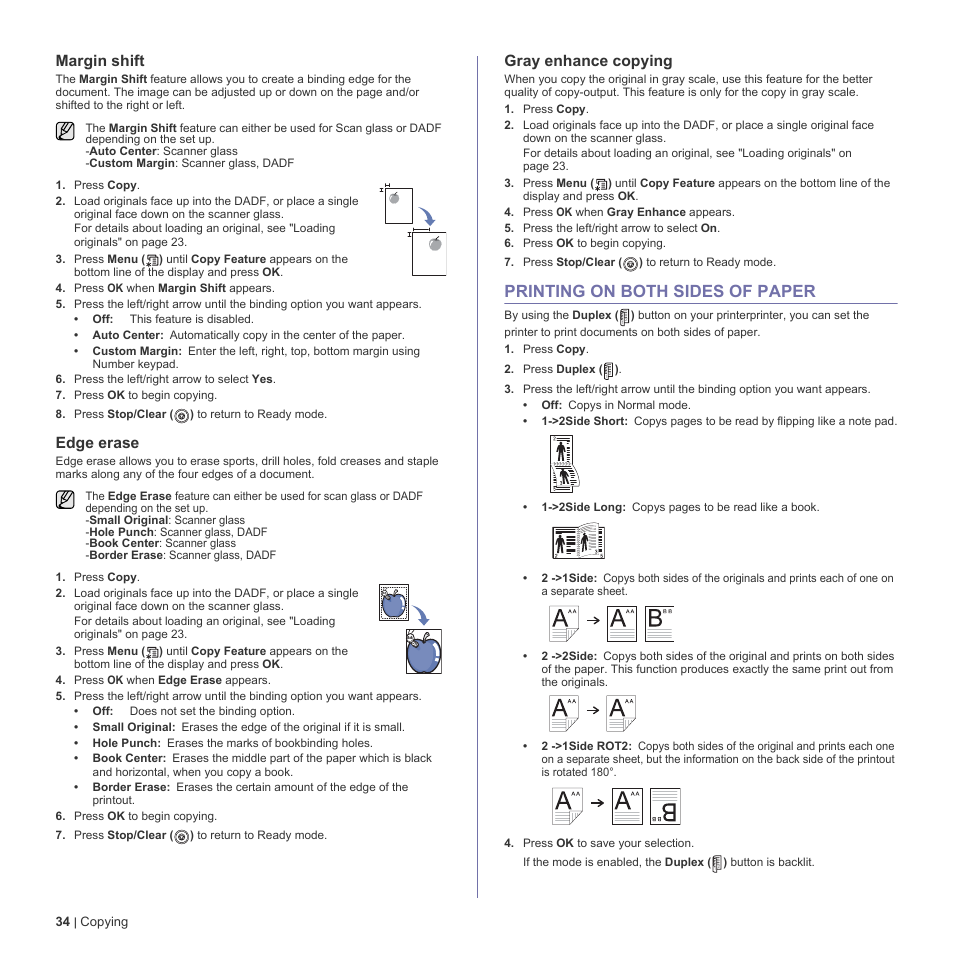 Margin shift, Edge erase, Gray enhance copying | Printing on both sides of paper, 34 printing on both sides of paper | Dell 2145cn Multifunction Color Laser Printer User Manual | Page 34 / 141