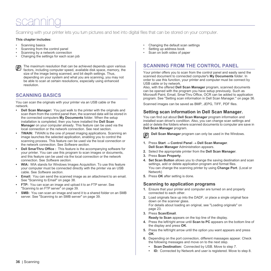 Scanning, Scanning basics, Scanning from the control panel | Setting scan information in dell scan manager, Scanning to application programs | Dell 2145cn Multifunction Color Laser Printer User Manual | Page 36 / 141