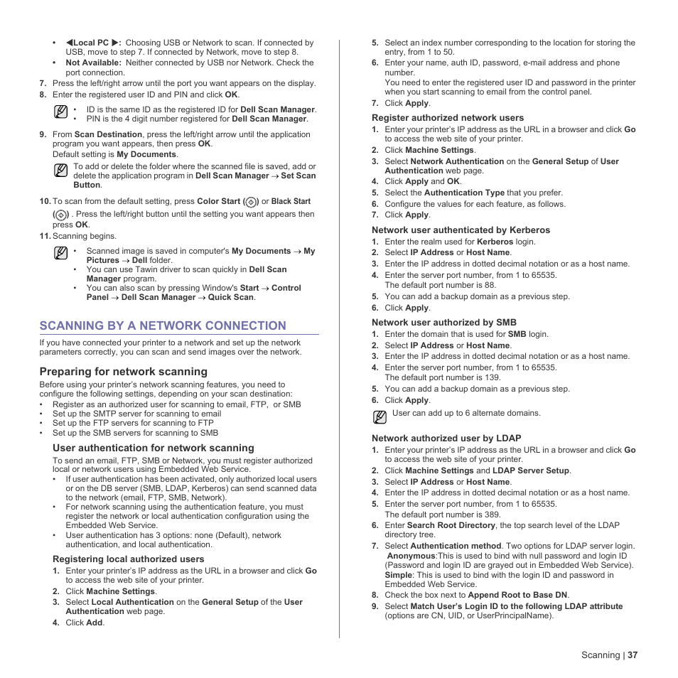 Scanning by a network connection, Preparing for network scanning, 37 scanning by a network connection | Dell 2145cn Multifunction Color Laser Printer User Manual | Page 37 / 141