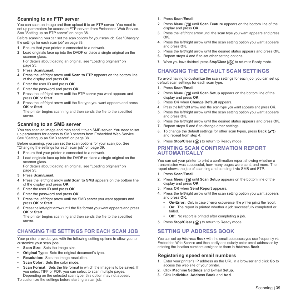 Scanning to an ftp server, Scanning to an smb server, Changing the settings for each scan job | Changing the default scan settings, Printing scan confirmation report automatically, Setting up address book, Registering speed email numbers, Job. see "changing, Address from memory. see "setting up | Dell 2145cn Multifunction Color Laser Printer User Manual | Page 39 / 141