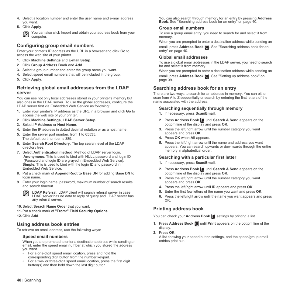 Configuring group email numbers, Using address book entries, Searching address book for an entry | Printing address book | Dell 2145cn Multifunction Color Laser Printer User Manual | Page 40 / 141