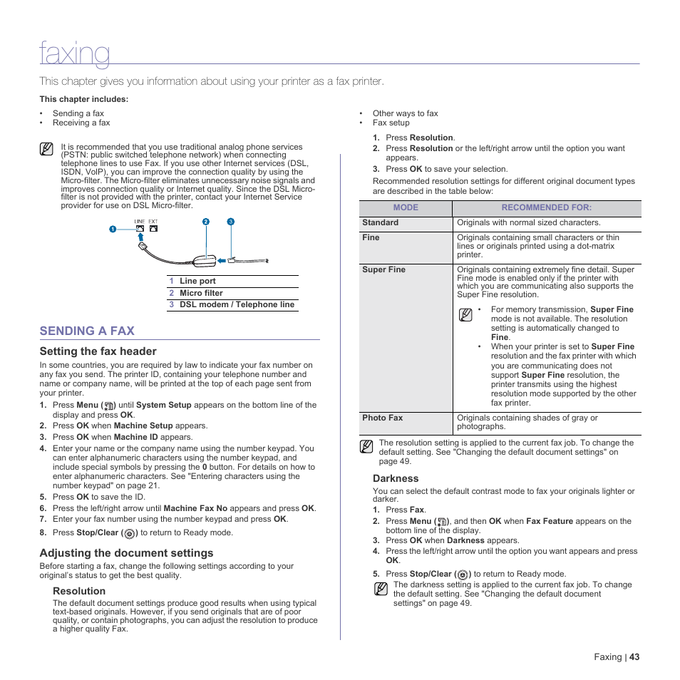 Faxing, Sending a fax, Setting the fax header | Adjusting the document settings, 43 sending a fax | Dell 2145cn Multifunction Color Laser Printer User Manual | Page 43 / 141