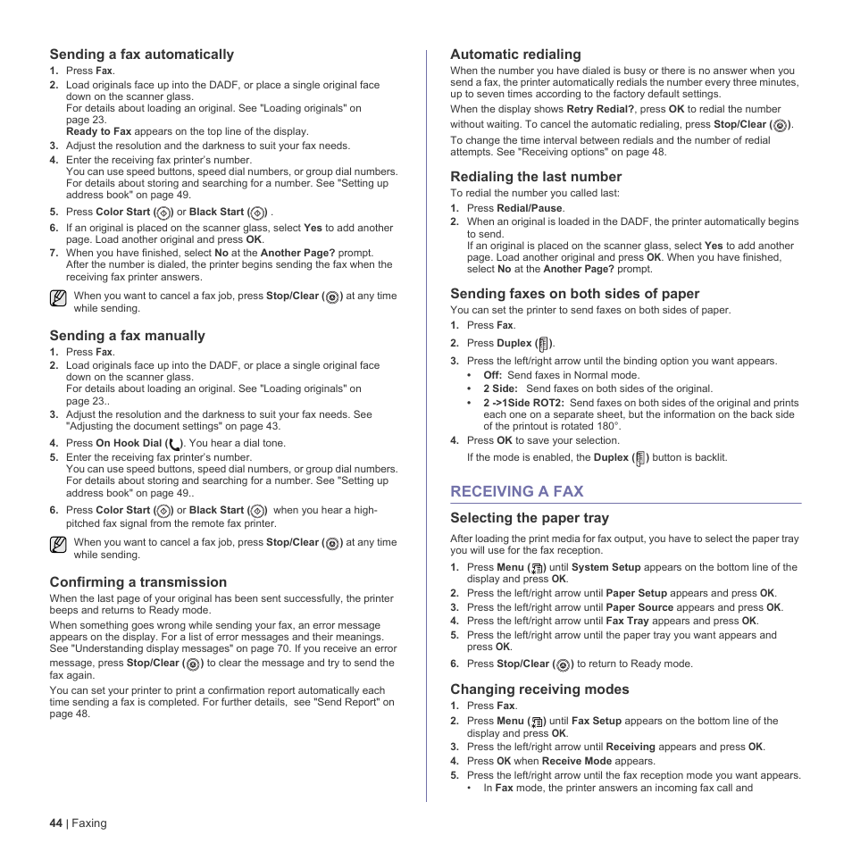 Sending a fax automatically, Sending a fax manually, Confirming a transmission | Automatic redialing, Redialing the last number, Sending faxes on both sides of paper, Receiving a fax, Selecting the paper tray, Changing receiving modes, 44 receiving a fax | Dell 2145cn Multifunction Color Laser Printer User Manual | Page 44 / 141