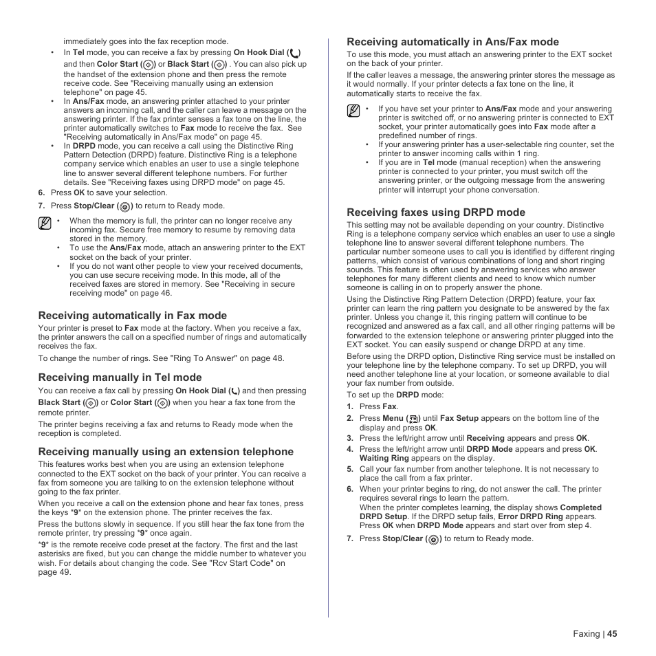 Receiving automatically in fax mode, Receiving manually in tel mode, Receiving manually using an extension telephone | Receiving automatically in ans/fax mode, Receiving faxes using drpd mode | Dell 2145cn Multifunction Color Laser Printer User Manual | Page 45 / 141