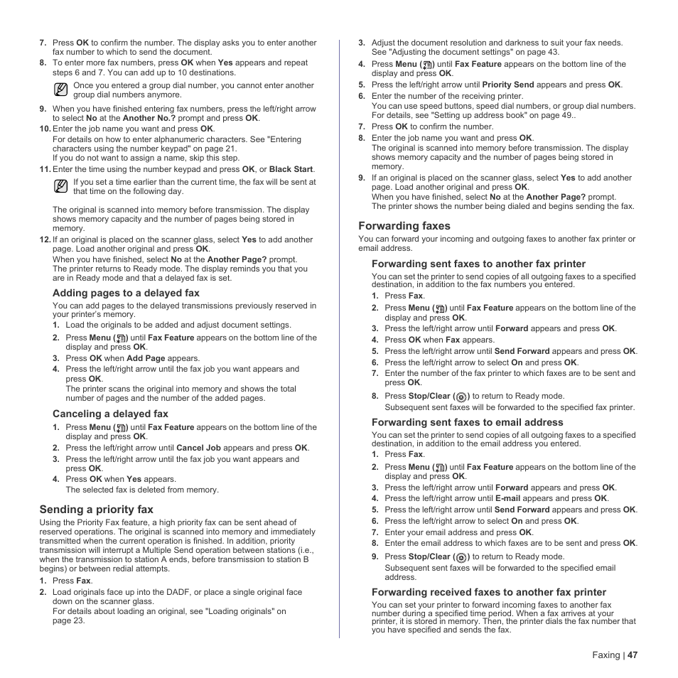 Sending a priority fax, Forwarding faxes | Dell 2145cn Multifunction Color Laser Printer User Manual | Page 47 / 141