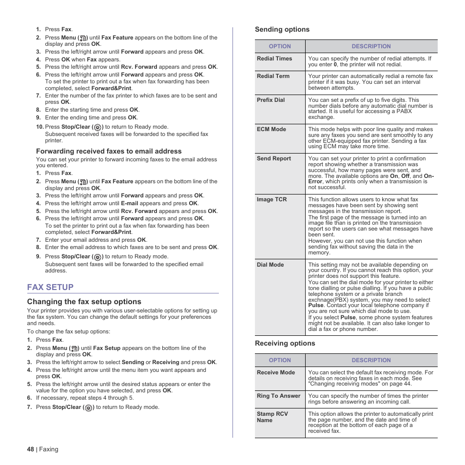 Fax setup, Changing the fax setup options, 48 fax setup | Of rings | Dell 2145cn Multifunction Color Laser Printer User Manual | Page 48 / 141