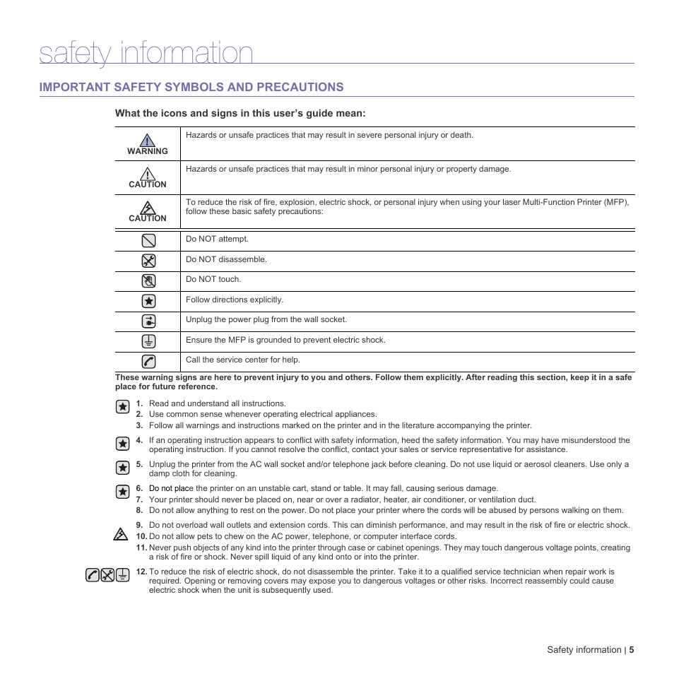 Safety information, Important safety symbols and precautions | Dell 2145cn Multifunction Color Laser Printer User Manual | Page 5 / 141