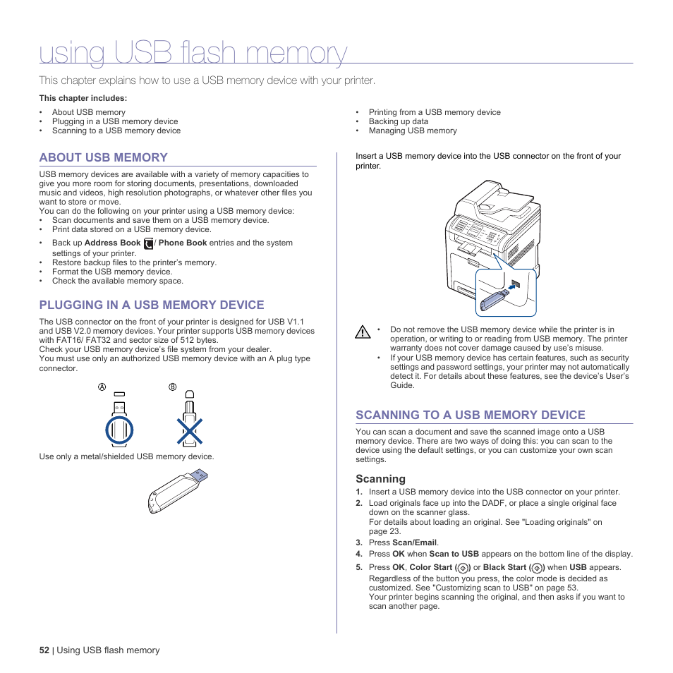 Using usb flash memory, About usb memory, Plugging in a usb memory device | Scanning to a usb memory device, Scanning | Dell 2145cn Multifunction Color Laser Printer User Manual | Page 52 / 141