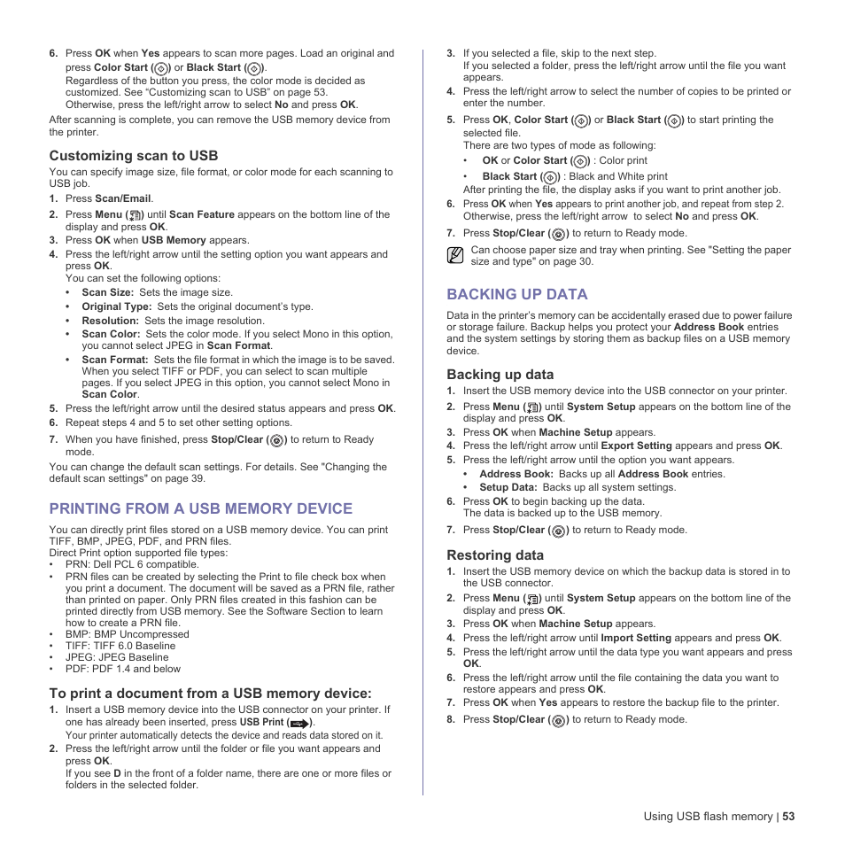 Customizing scan to usb, Printing from a usb memory device, To print a document from a usb memory device | Backing up data, Restoring data, 53 printing from a usb memory device, 53 backing up data | Dell 2145cn Multifunction Color Laser Printer User Manual | Page 53 / 141
