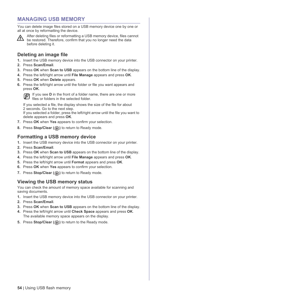 Managing usb memory, Deleting an image file, Formatting a usb memory device | Viewing the usb memory status, 54 managing usb memory | Dell 2145cn Multifunction Color Laser Printer User Manual | Page 54 / 141