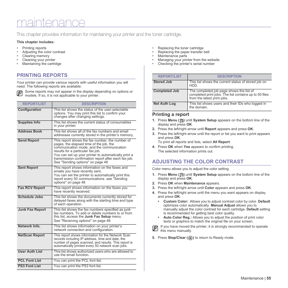 Maintenance, Printing reports, Printing a report | Adjusting the color contrast, 55 printing reports, 55 adjusting the color contrast | Dell 2145cn Multifunction Color Laser Printer User Manual | Page 55 / 141