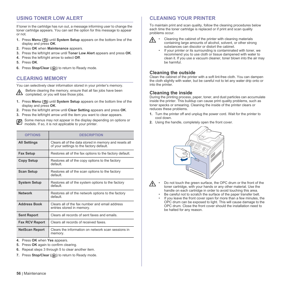 Using toner low alert, Clearing memory, Cleaning your printer | Cleaning the outside, Cleaning the inside | Dell 2145cn Multifunction Color Laser Printer User Manual | Page 56 / 141