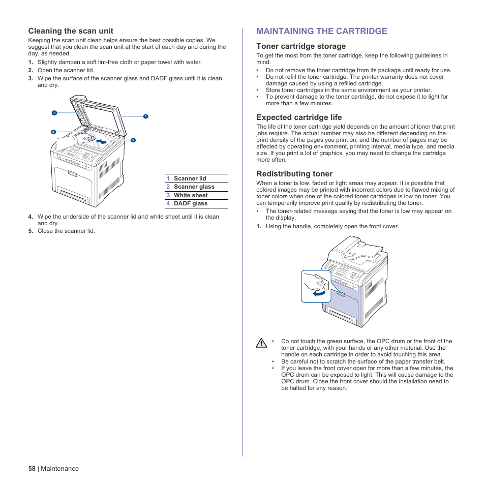 Cleaning the scan unit, Maintaining the cartridge, Toner cartridge storage | Expected cartridge life, Redistributing toner, 58 maintaining the cartridge | Dell 2145cn Multifunction Color Laser Printer User Manual | Page 58 / 141