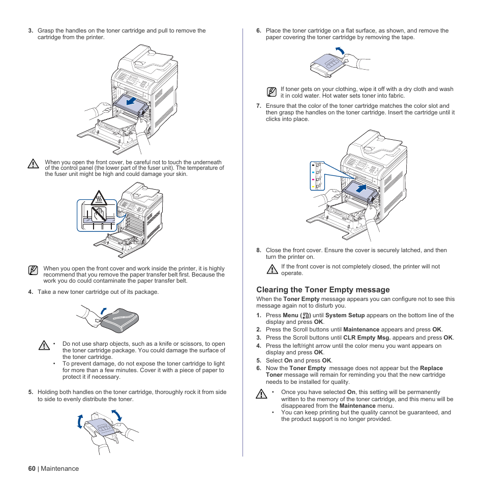 Clearing the toner empty message, Clearing the | Dell 2145cn Multifunction Color Laser Printer User Manual | Page 60 / 141