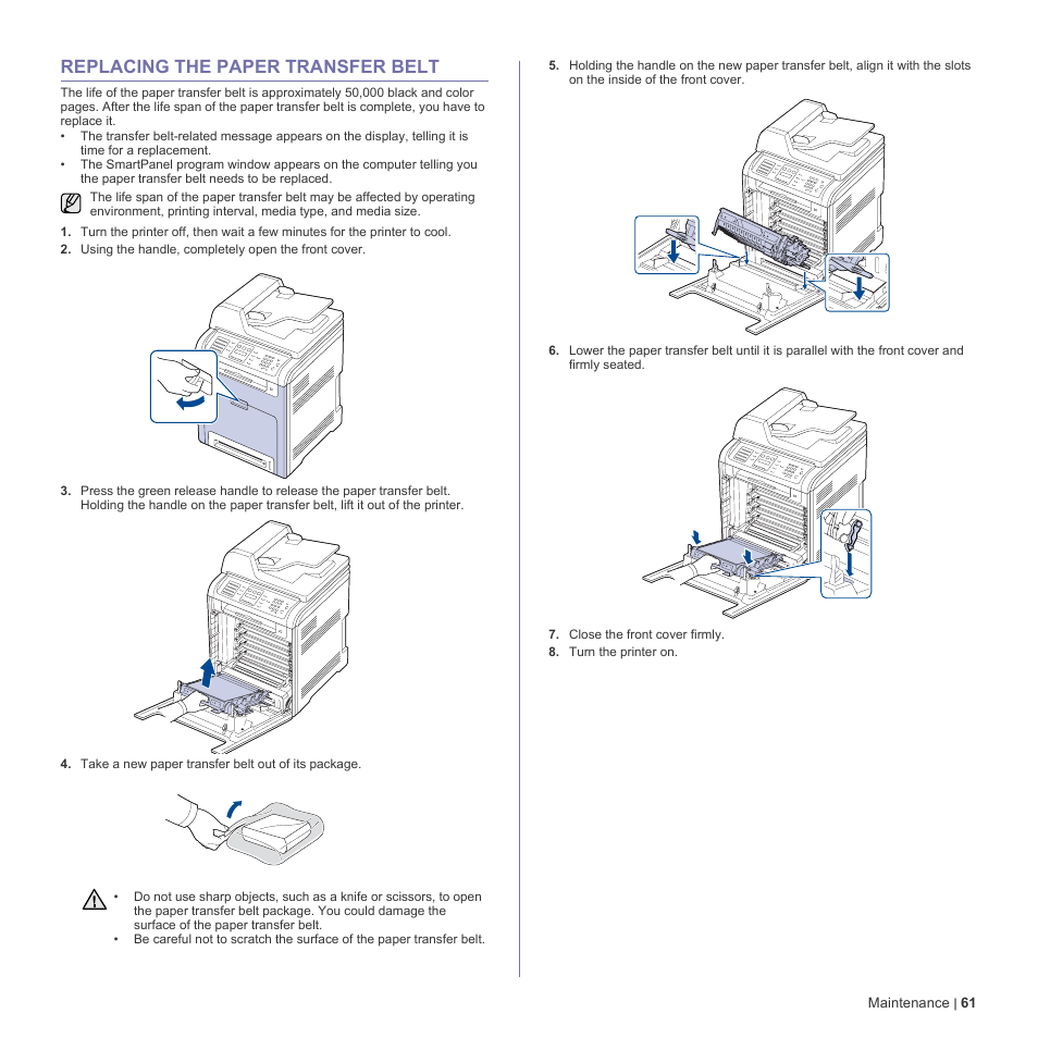 Replacing the paper transfer belt, 61 replacing the paper transfer belt | Dell 2145cn Multifunction Color Laser Printer User Manual | Page 61 / 141