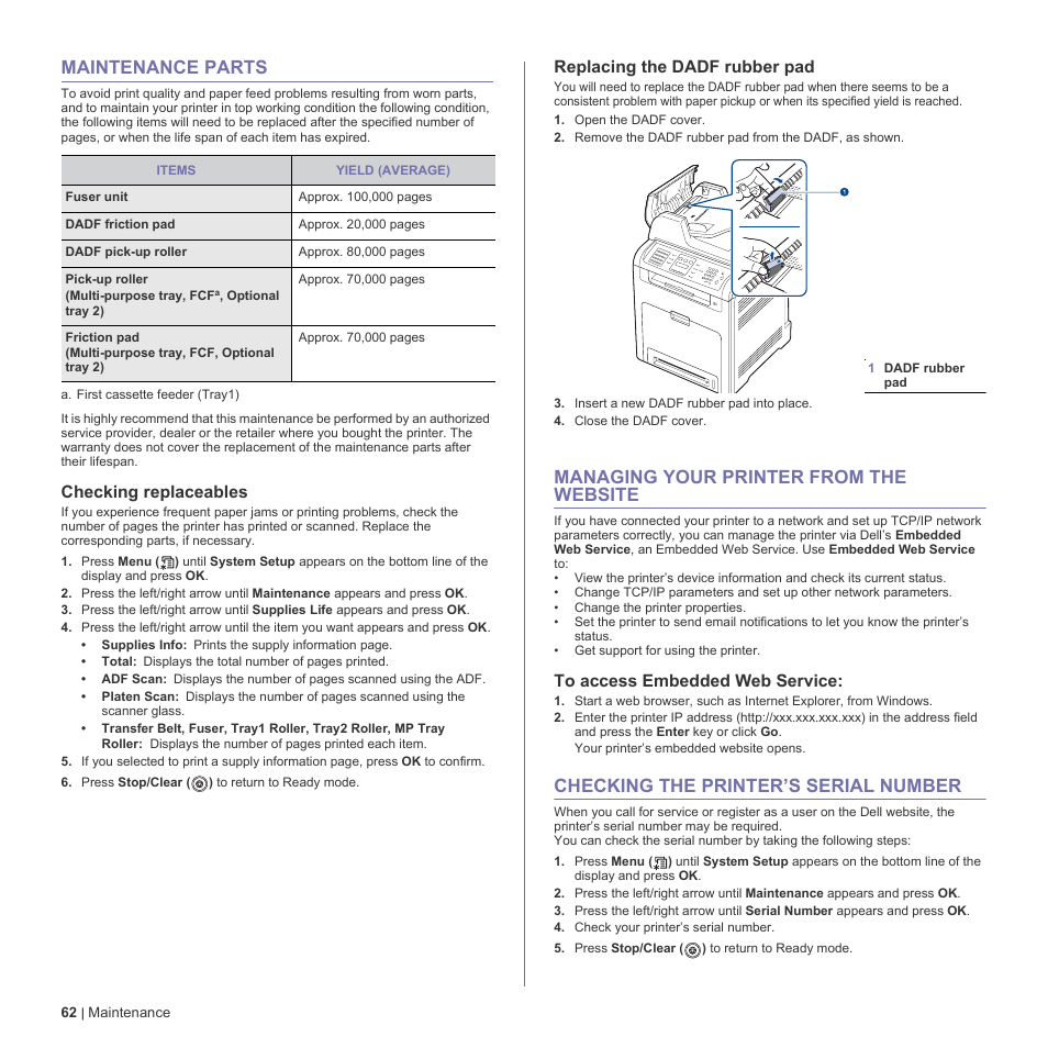 Maintenance parts, Checking replaceables, Replacing the dadf rubber pad | Managing your printer from the website, To access embedded web service, Checking the printer’s serial number, 62 maintenance parts, 62 managing your printer from the website, To access embe, 62 checking the printer’s serial number | Dell 2145cn Multifunction Color Laser Printer User Manual | Page 62 / 141