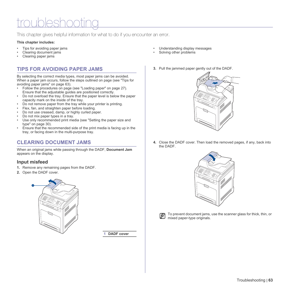 Troubleshooting, Tips for avoiding paper jams, Clearing document jams | Input misfeed | Dell 2145cn Multifunction Color Laser Printer User Manual | Page 63 / 141