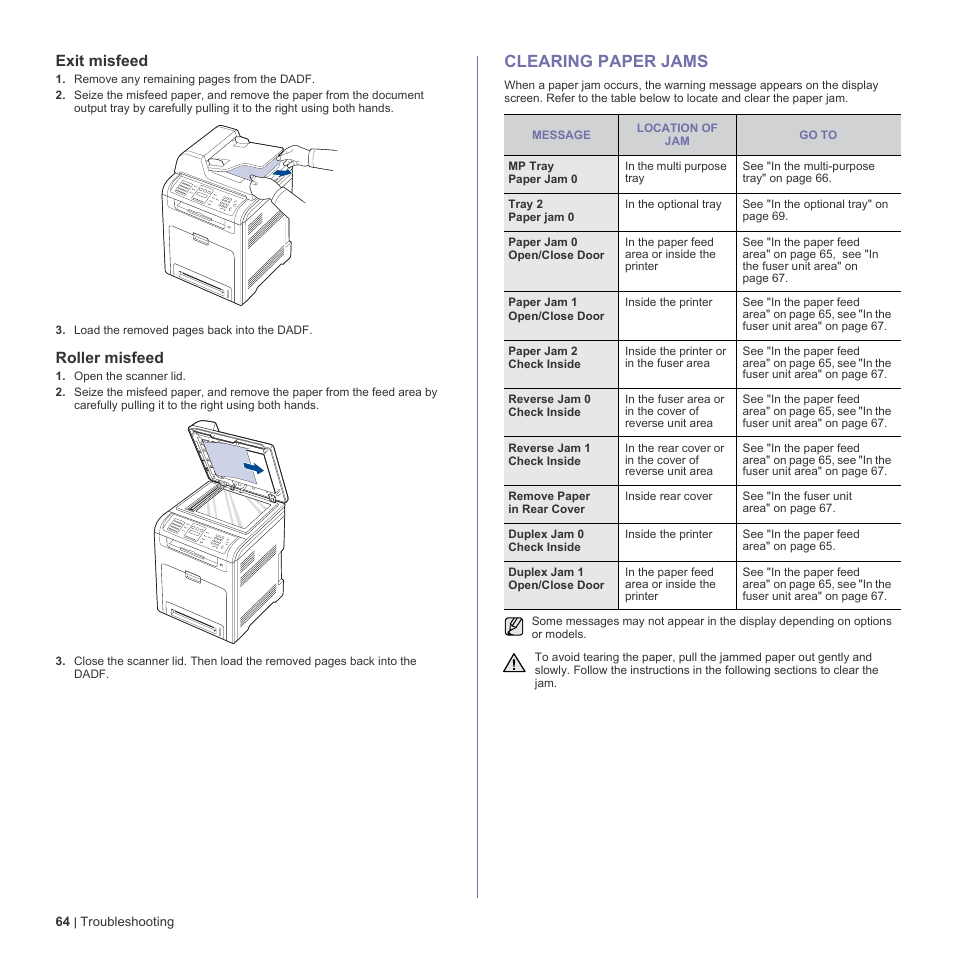 Exit misfeed, Roller misfeed, Clearing paper jams | 64 clearing paper jams | Dell 2145cn Multifunction Color Laser Printer User Manual | Page 64 / 141