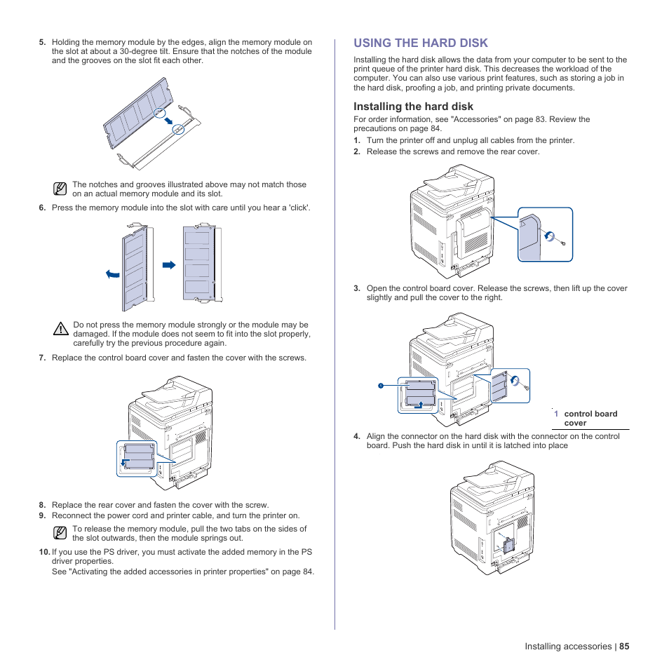 Using the hard disk, Installing the hard disk, 85 using the hard disk | Dell 2145cn Multifunction Color Laser Printer User Manual | Page 85 / 141