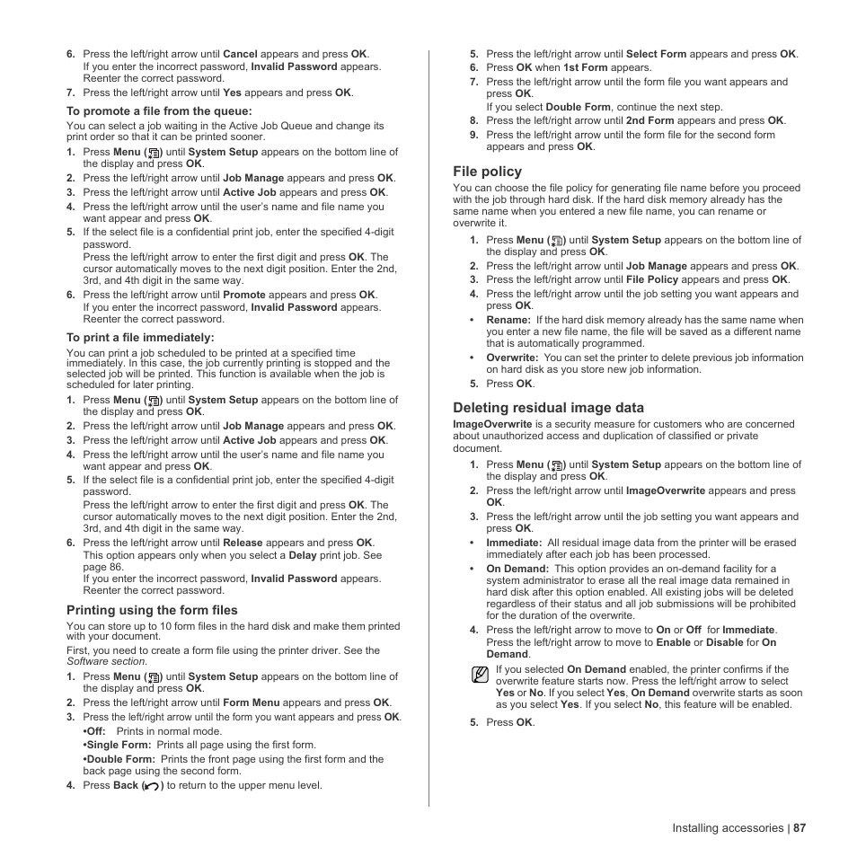 File policy, Deleting residual image data | Dell 2145cn Multifunction Color Laser Printer User Manual | Page 87 / 141