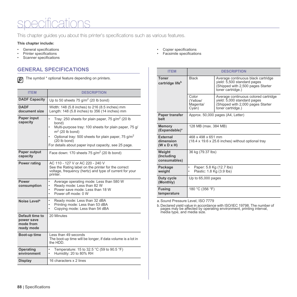 Specifications, General specifications, 88 general specifications | Dell 2145cn Multifunction Color Laser Printer User Manual | Page 88 / 141