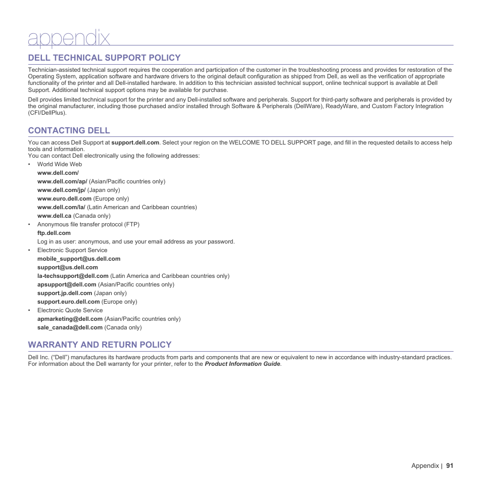 Appendix, Dell technical support policy, Contacting dell | Warranty and return policy | Dell 2145cn Multifunction Color Laser Printer User Manual | Page 91 / 141