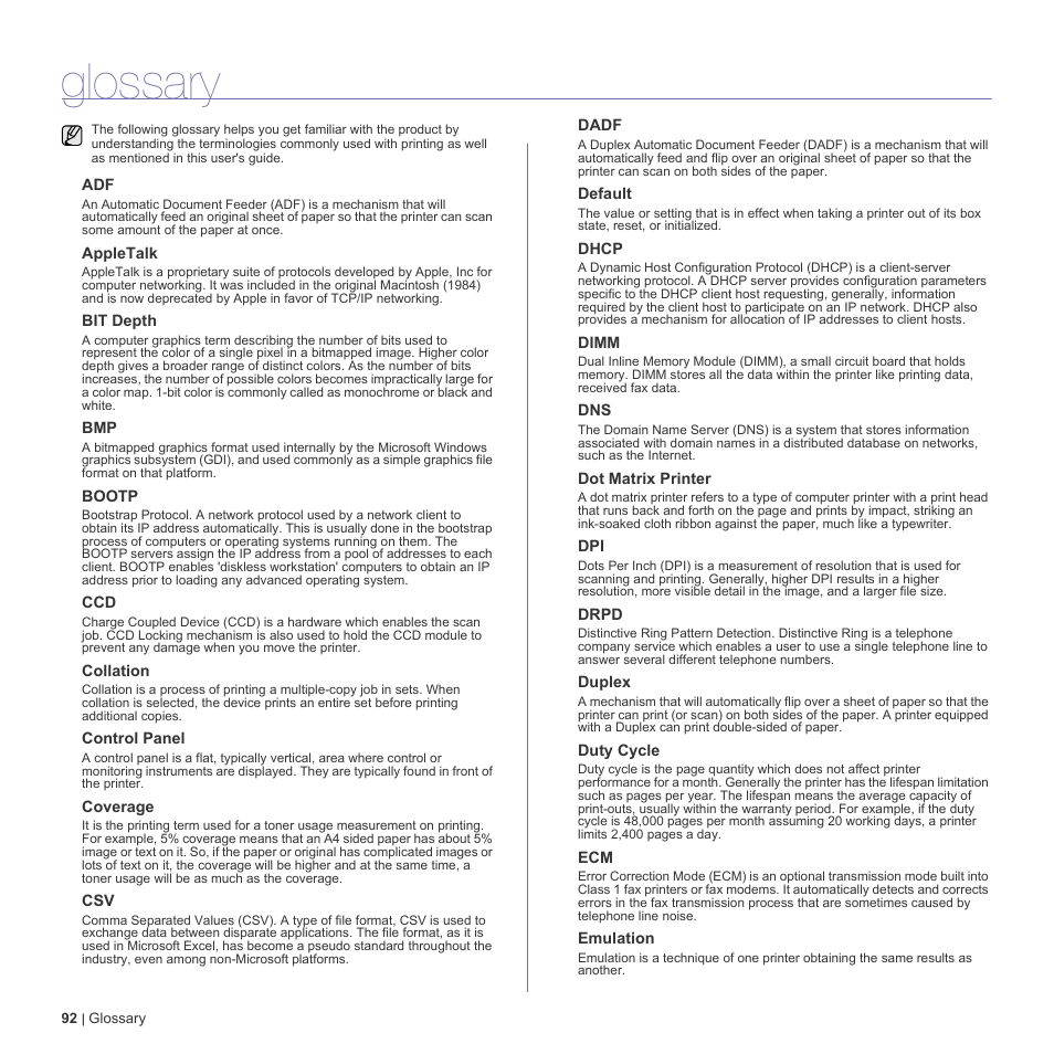 Glossary | Dell 2145cn Multifunction Color Laser Printer User Manual | Page 92 / 141