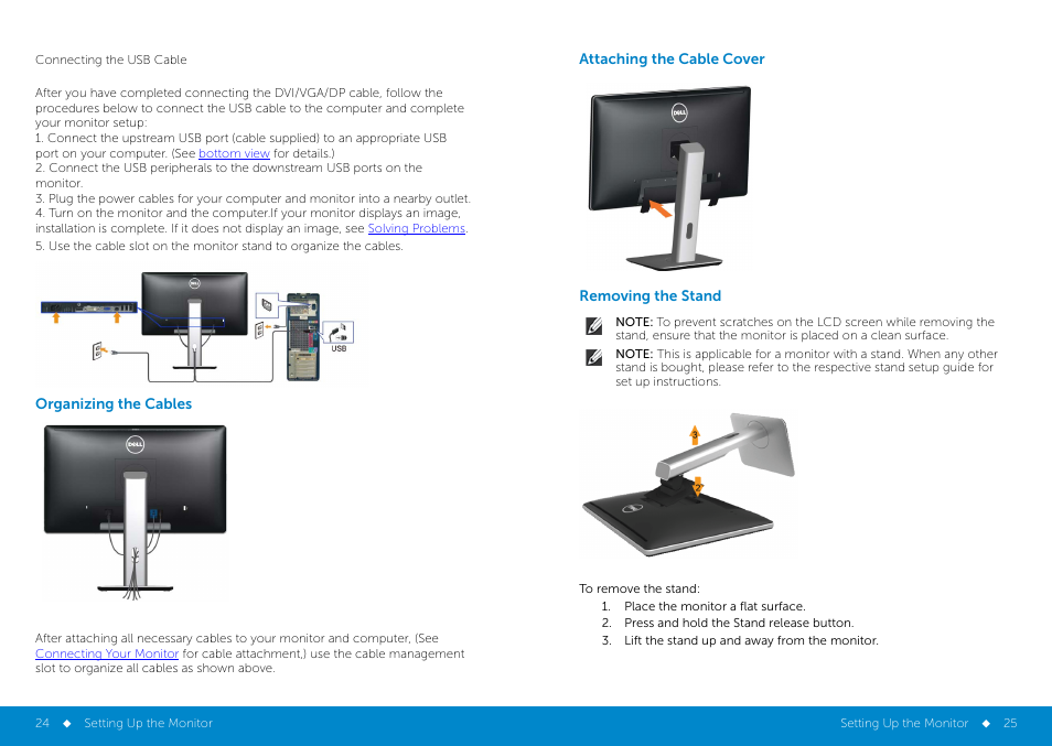 Organizing_your_cables, Removing_the_stand, Wall_mounting_(optional) | Organizing the cables, Attaching the cable cover, Removing the stand | Dell P2314H Monitor User Manual | Page 13 / 37