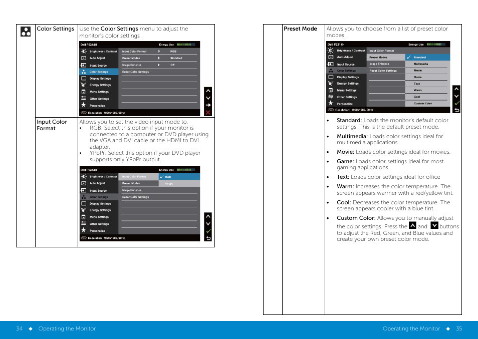Color_settings | Dell P2314H Monitor User Manual | Page 18 / 37