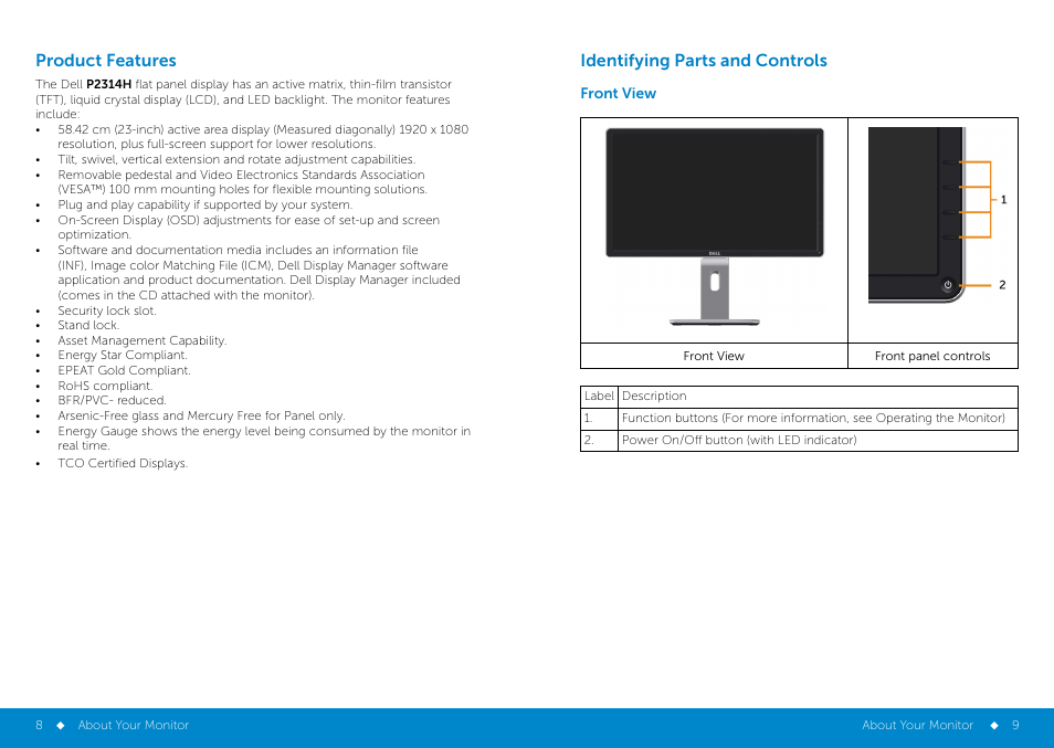 Identifying, Product features identifying parts and controls, Front view | Dell P2314H Monitor User Manual | Page 5 / 37