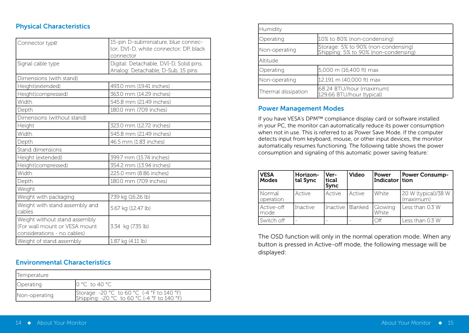 Physical1, Environmental1, Power | Dell P2314H Monitor User Manual | Page 8 / 37