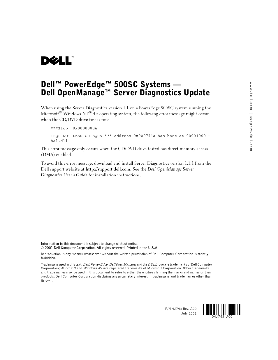 Dell PowerEdge 500SC User Manual | 1 page