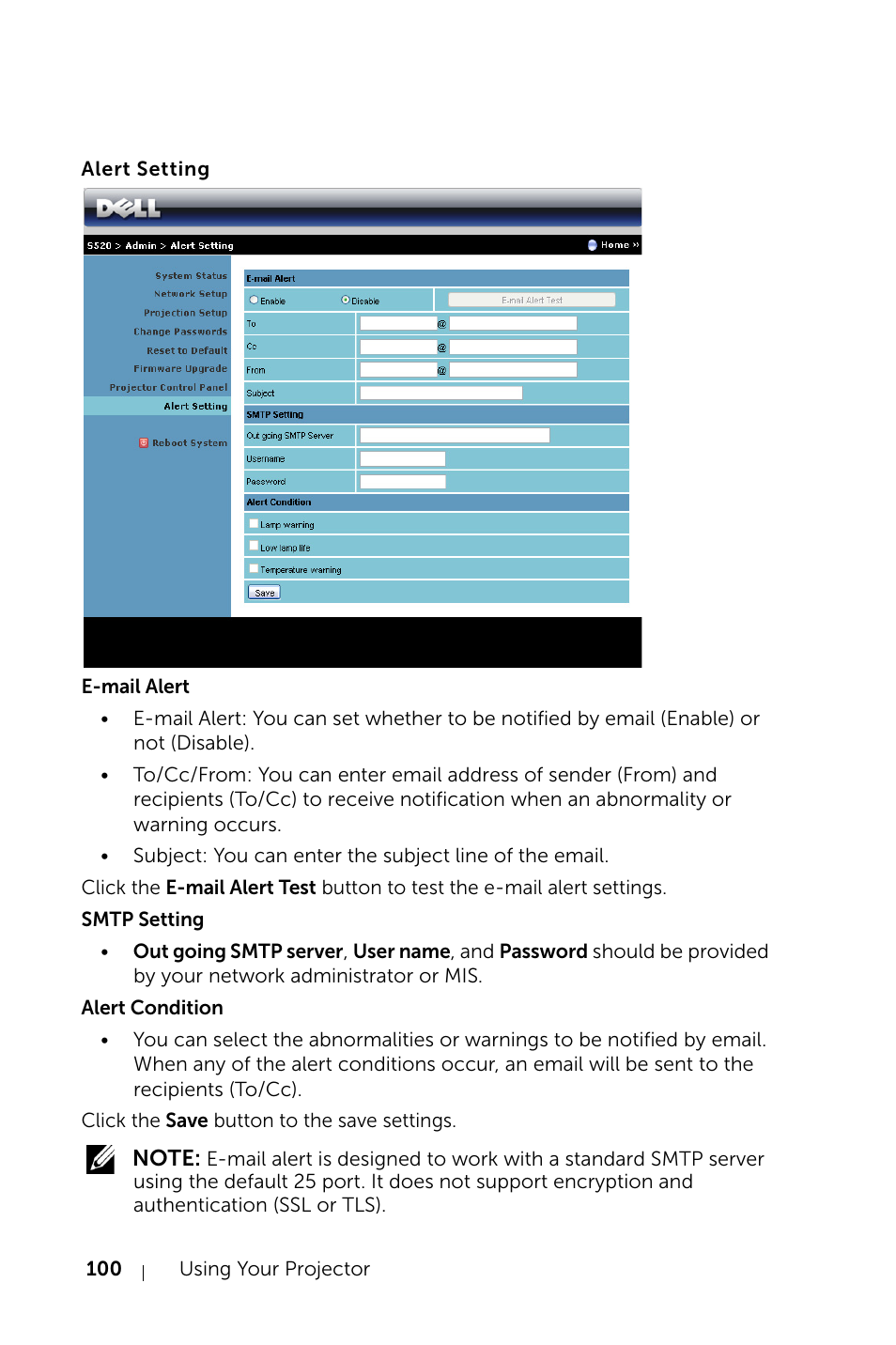 Alert setting | Dell S520 Projector User Manual | Page 100 / 130