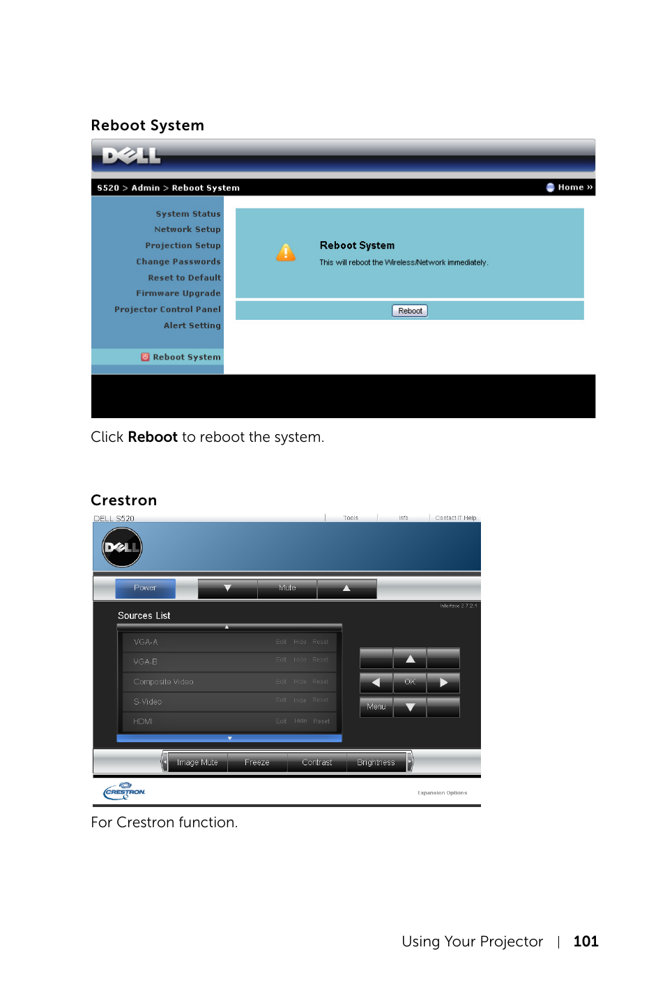 Reboot system, Crestron | Dell S520 Projector User Manual | Page 101 / 130